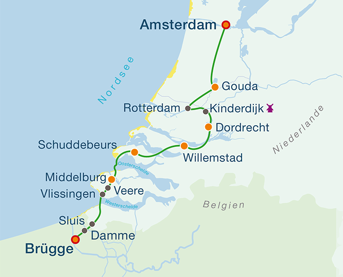 Übersichtskarte Radroute Brügge - Amsterdam
