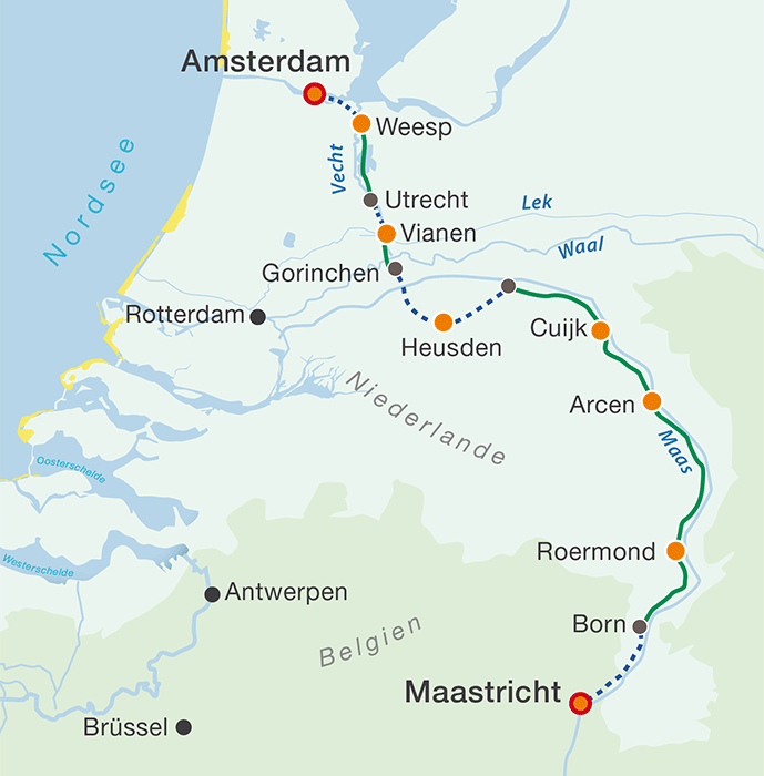 Übersichtskarte der Route Amsterdam – Maastricht