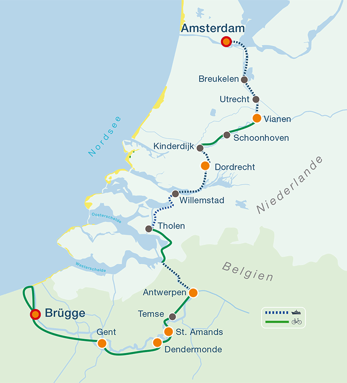 Übersichtskarte der Rad- und Schiffsreise Südholland und Flandern 